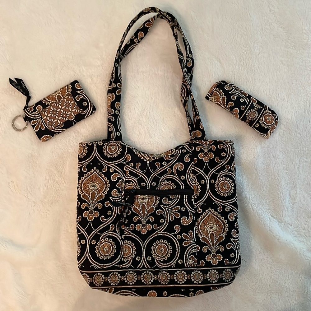 Vera Bradley Cafe Latte handbag, eyeglass sleeve and key ID coin purse